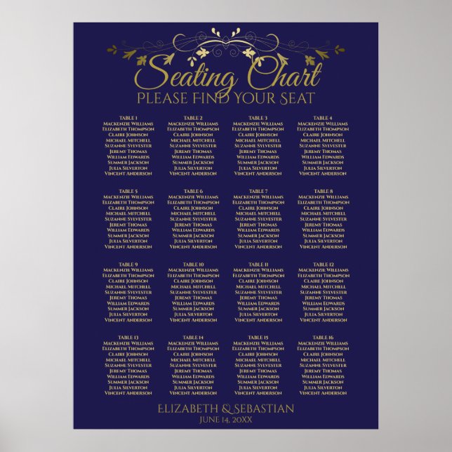 Elegant Gold & Navy 16 Table Wedding Seating Chart (Front)