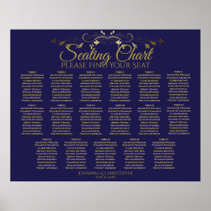 Elegant Gold & Navy 17 Table Wedding Seating Chart