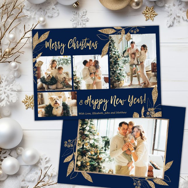 Elegant Gold Navy 4 Photo Collage Christmas Card (Creator Uploaded)