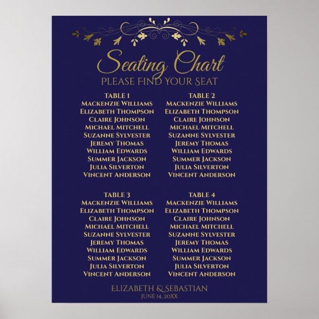 Elegant Gold & Navy 4 Table Wedding Seating Chart (Front)