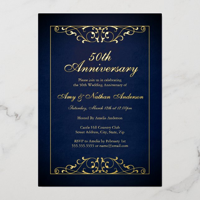 Elegant Gold Navy 50th Wedding Anniversary  (Front)