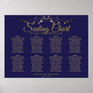 Elegant Gold & Navy 8 Table Wedding Seating Chart