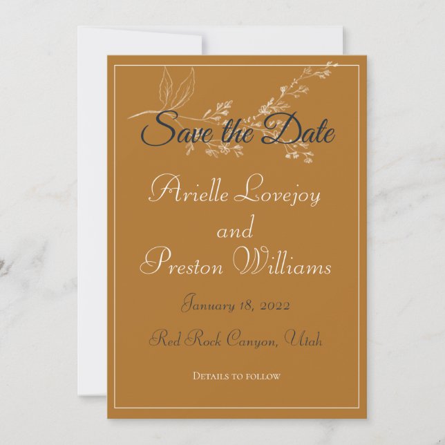 Elegant Gold, Navy and White Save The Date Card (Front)