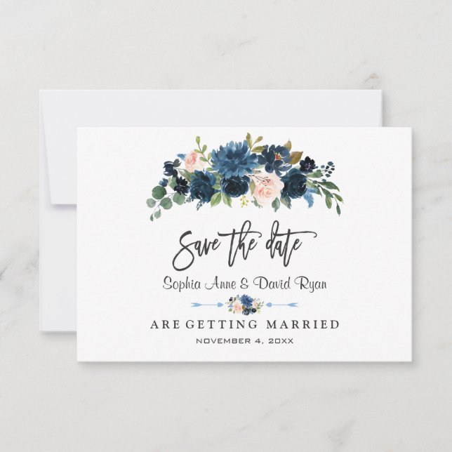 Elegant Gold Navy Blue Blush Flowers Handwriting Save The Date (Front)