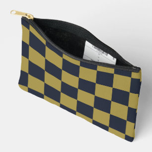 Elegant Gold & Navy Blue Chequered Pattern Accessory Pouch