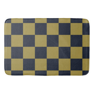 Elegant Gold & Navy Blue Chequered Pattern Bath Mat