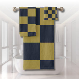 Elegant Gold & Navy Blue Chequered Pattern Bath Towel Set