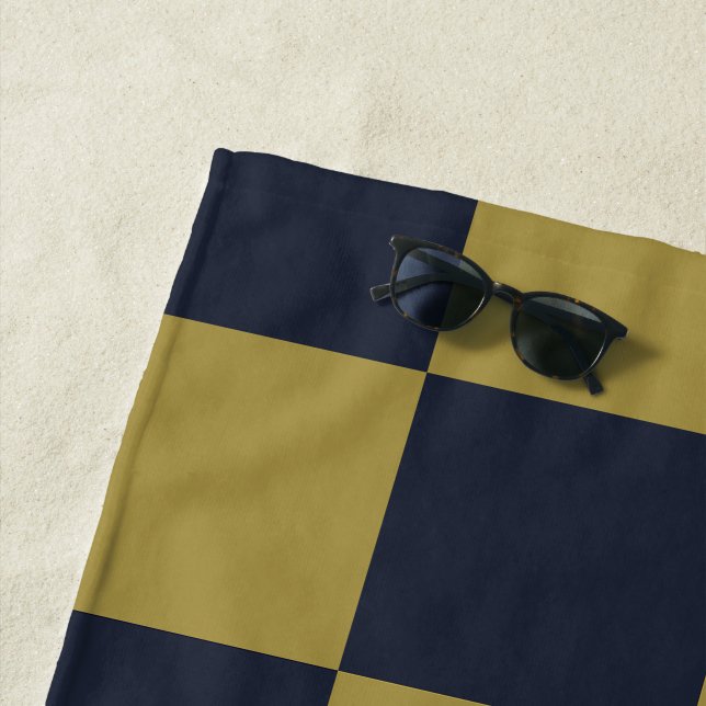 Elegant Gold & Navy Blue Chequered Pattern Beach Towel (In Situ)