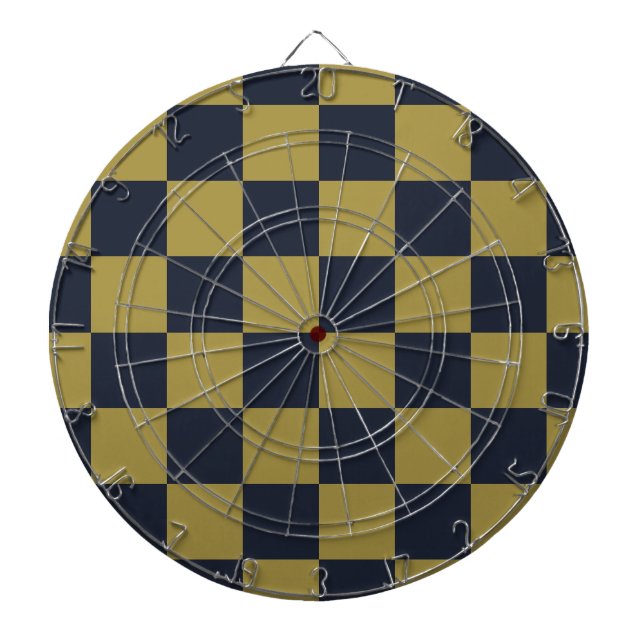 Elegant Gold & Navy Blue Chequered Pattern Dartboard (Front)