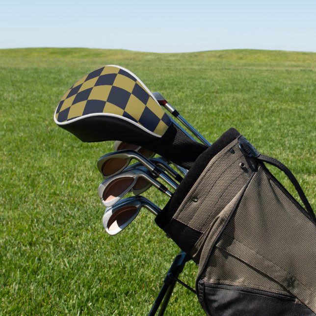 Elegant Gold & Navy Blue Chequered Pattern Golf Head Cover (In Situ)