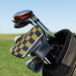 Elegant Gold & Navy Blue Chequered Pattern Golf Head Cover