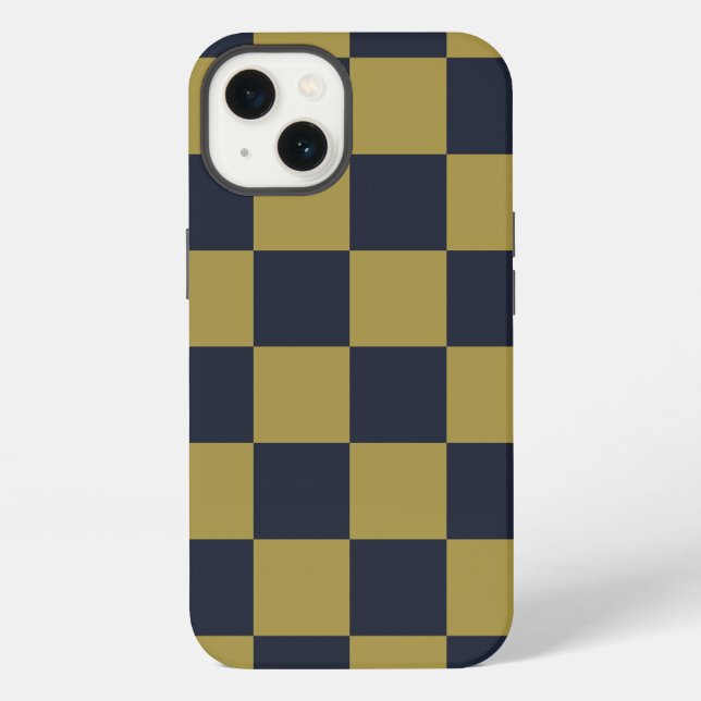 Elegant Gold & Navy Blue Chequered Pattern iPhone Case (Back)