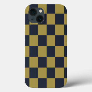 Elegant Gold & Navy Blue Chequered Pattern iPhone 13 Case