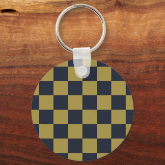 Elegant Gold & Navy Blue Chequered Pattern Key Ring