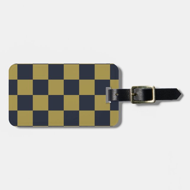 Elegant Gold & Navy Blue Chequered Pattern Luggage Tag (Front Horizontal)