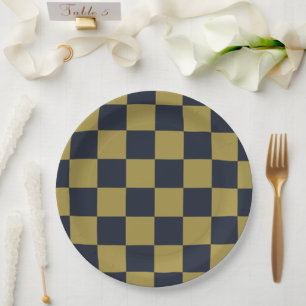 Elegant Gold & Navy Blue Chequered Pattern Paper Plate