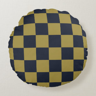 Elegant Gold & Navy Blue Chequered Pattern Round Cushion