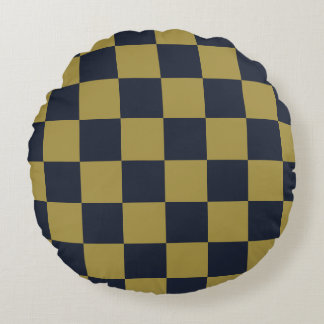 Elegant Gold & Navy Blue Chequered Pattern Round Cushion
