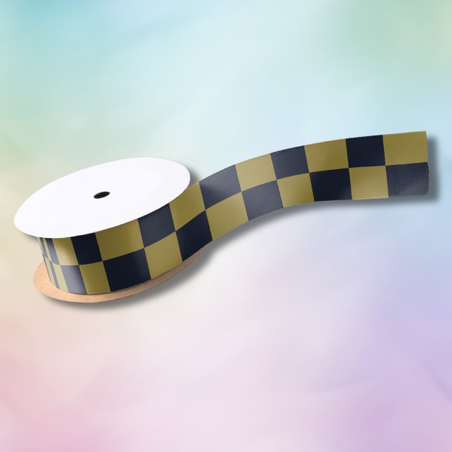 Elegant Gold & Navy Blue Chequered Pattern Satin Ribbon (Creator Uploaded)