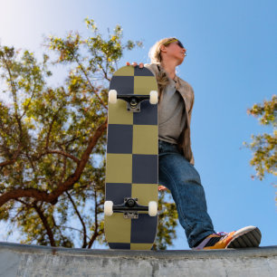 Elegant Gold & Navy Blue Chequered Pattern Skateboard