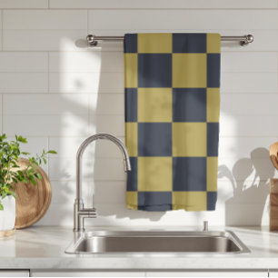 Elegant Gold & Navy Blue Chequered Pattern Tea Towel