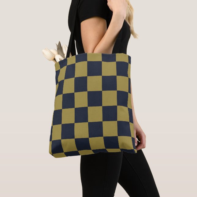 Elegant Gold & Navy Blue Chequered Pattern Tote Bag (Close Up)