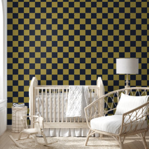 Elegant Gold & Navy Blue Chequered Pattern Wallpaper