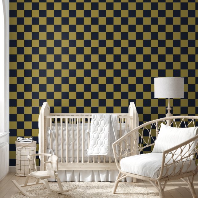 Elegant Gold & Navy Blue Chequered Pattern Wallpaper (Kids)