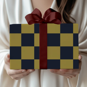 Elegant Gold & Navy Blue Chequered Pattern Wrapping Paper