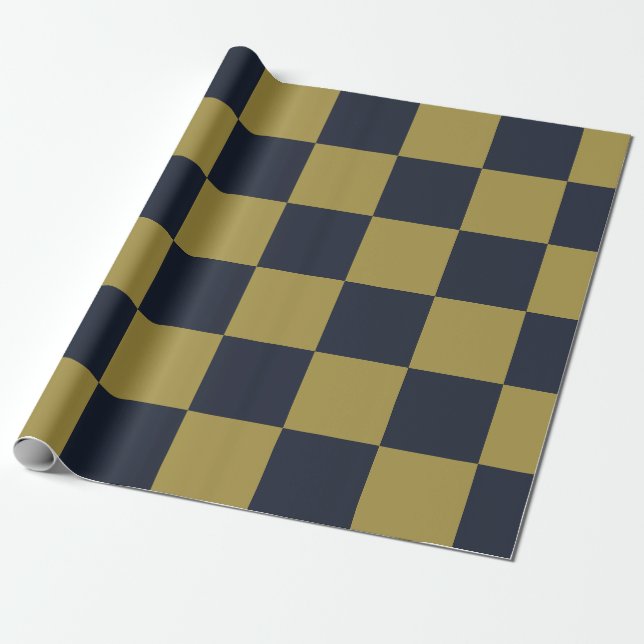 Elegant Gold & Navy Blue Chequered Pattern Wrapping Paper (Unrolled)