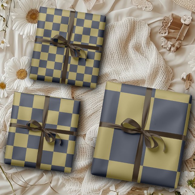 Elegant Gold & Navy Blue Chequered Pattern Wrapping Paper Sheet (Creator Uploaded)