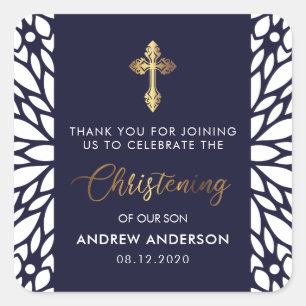 Elegant Gold & Navy Blue Christening Thank You Square Sticker