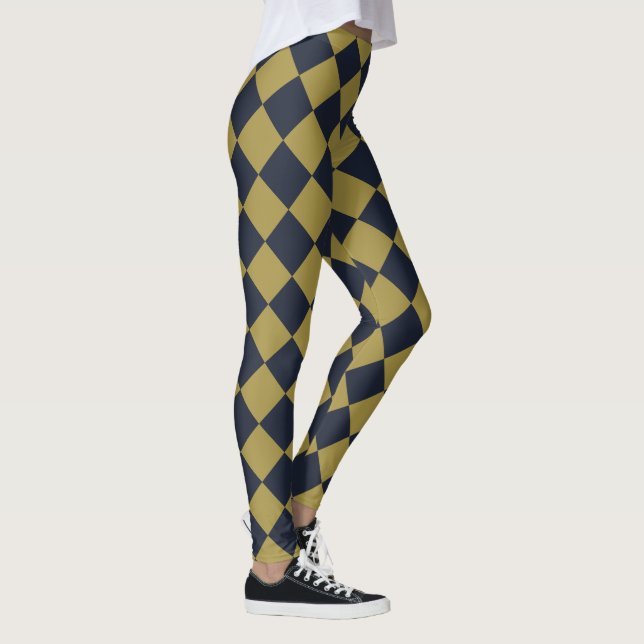 Elegant Gold & Navy Blue Diamond Pattern Leggings (Right)
