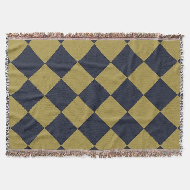 Elegant Gold & Navy Blue Diamond Pattern Throw Blanket (Front)