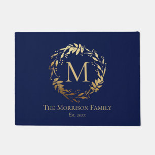 Elegant Gold Navy Blue Eucalyptus Wreath Monogram Doormat
