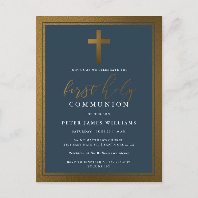 Elegant Gold & Navy Blue First Holy Communion Invitation Postcard (Front)