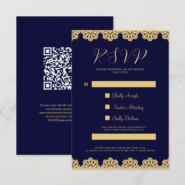 Elegant Gold Navy Blue Islamic QR Code RSVP Card (Front/Back)