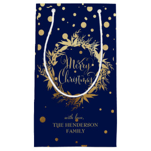 Elegant Gold Navy Blue Merry Christmas Wreath Small Gift Bag