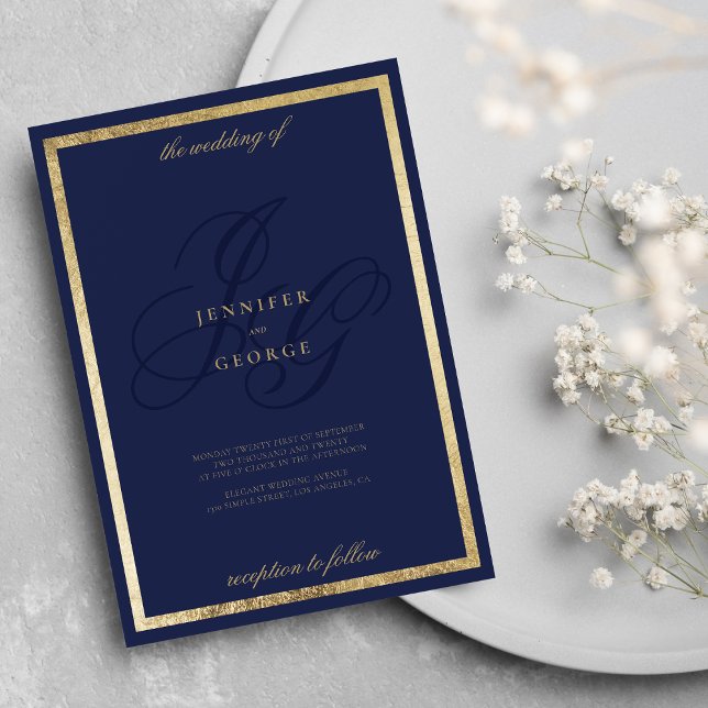 Elegant gold navy blue monogram initals wedding invitation (Elegant gold navy blue monogram initals wedding invitation )