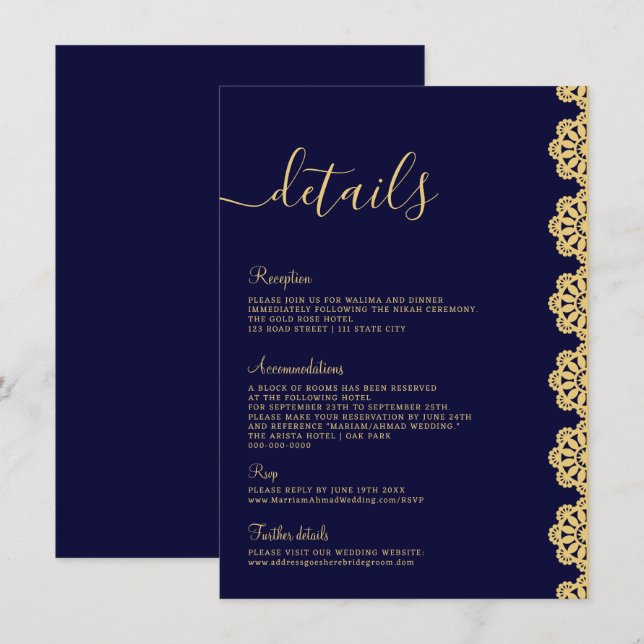 Elegant Gold Navy Blue Ornamental Islamic Details Invitation (Front/Back)