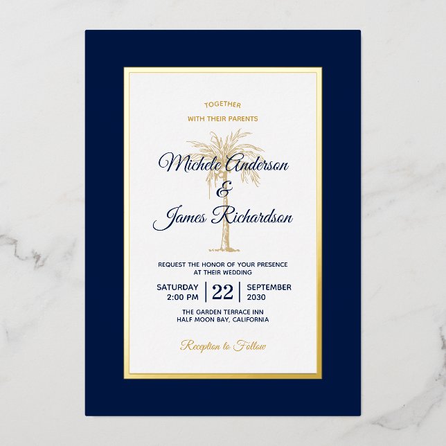 Elegant Gold Navy Blue Palm Tree Beach Wedding (Front)