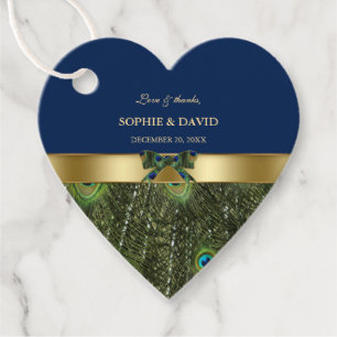 Elegant Gold Navy Blue Peacock Feathers Wedding Favour Tags