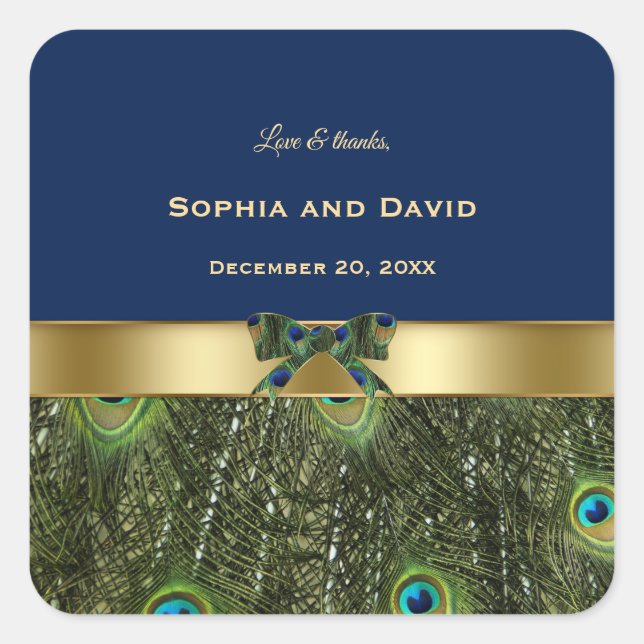 Elegant Gold Navy Blue Peacock Feathers Wedding Square Sticker (Front)