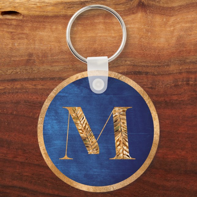 Elegant Gold & Navy Blue Personalised Monogram Key Ring (Front)