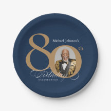 Elegant Gold Navy Blue Photo 80th Birthday
