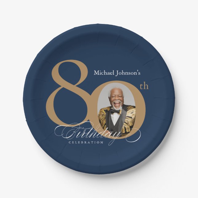 Elegant Gold Navy Blue Photo 80th Birthday Paper Plate (Front)
