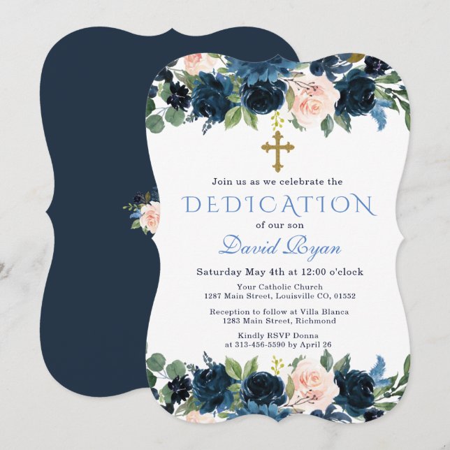 Elegant Gold Navy Blue Pink Floral Dedication Invitation (Front/Back)