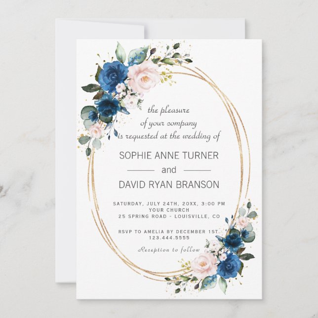 Elegant Gold Navy Blue Pink Flowers Bloom Wedding Invitation (Front)