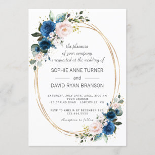 Elegant Gold Navy Blue Pink Flowers Bloom Wedding Invitation