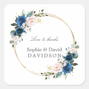 Elegant Gold Navy Blue Pink Flowers Bloom Wedding Square Sticker